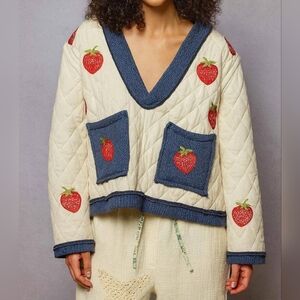 2-0130 *Boutique* POL Strawberry Embroidered Cotton Quilted Sweatshirt Top